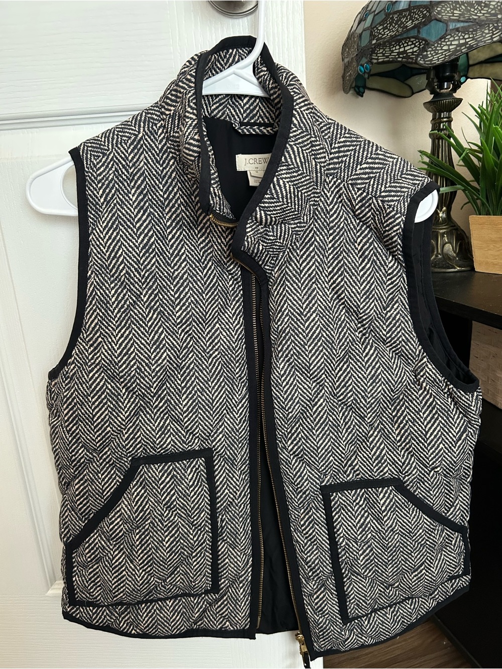 J. Crew Black and Cream Herringbone Quilted Vest